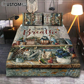 Just Breathe Kitchen Hummingbird Bedroom Quilt Bedding Set - Bible Verse Quilt Bedding Set Art - Christian Bedroom Home Decor