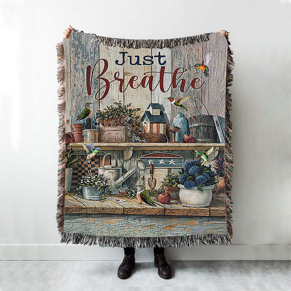 Just Breathe Kitchen Hummingbird Throw Blanket Woven Blanket - Bible Verse Woven Blanket Art - Christian Throw Blanket Home Decor