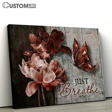 Just Breathe Luxury Flower Dark Red Butterfly Canvas Art - Christian Wall Art Decor - Bible Verse Canvas