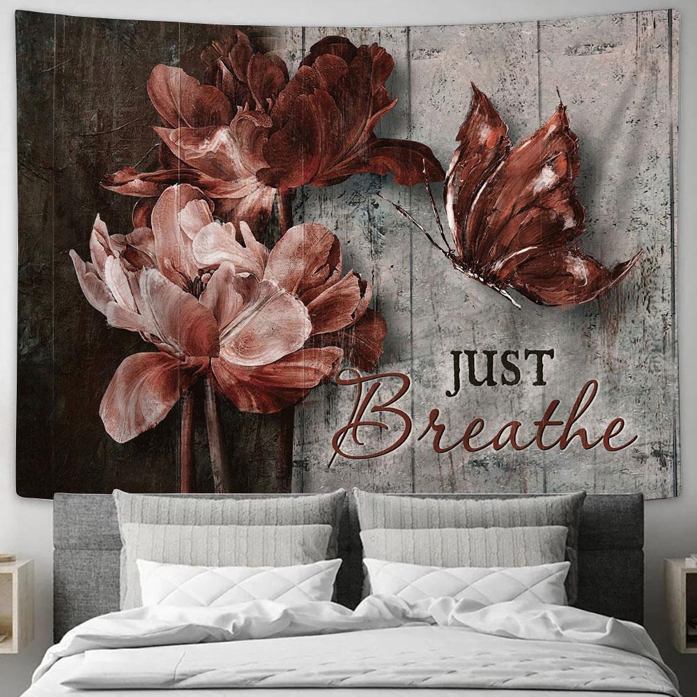 Just Breathe Luxury Flower Dark Red Butterfly Tapestry Art - Christian Wall Art Decor - Bible Verse Tapestry