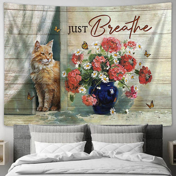 Just Breathe Maine Coon Cat Lovers Tapestry Painting - Christian Wall Art - Gifts For Cat Lovers