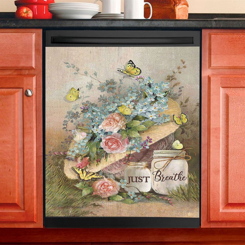 Just Breathe Music Sheet Walking With Jesus Pretty Flower Garden Dishwasher Cover, Christian Dishwasher Wrap, Bible Verse Kitchen Decoration