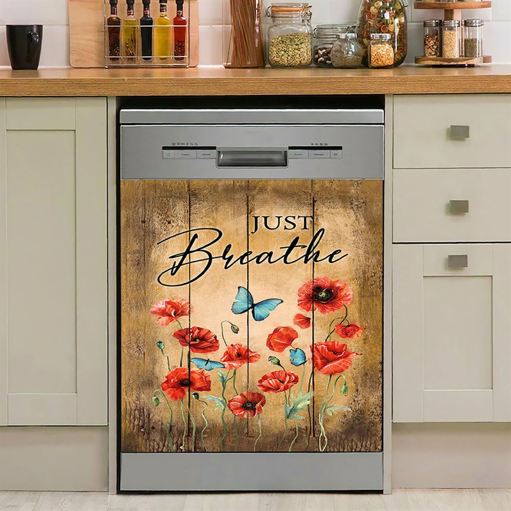Just Breathe Pastel Flower Vase Yellow Butterfly Dishwasher Cover, Christian Dishwasher Wrap, Bible Verse Kitchen Decoration