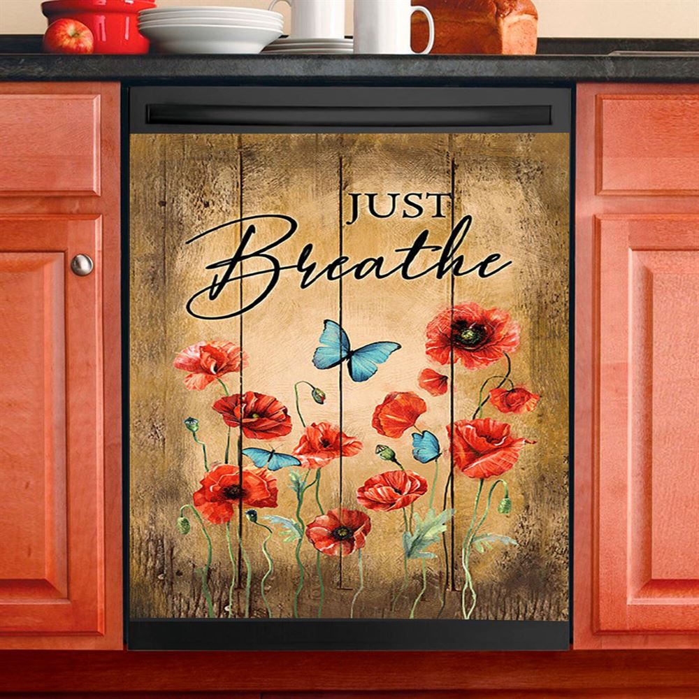 Just Breathe Pastel Flower Vase Yellow Butterfly Dishwasher Cover, Christian Dishwasher Wrap, Bible Verse Kitchen Decoration