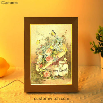 Just Breathe Pastel Flower Vase Yellow Butterfly Frame Lamp Art - Christian Art - Bible Verse Art - Religious Home Decor