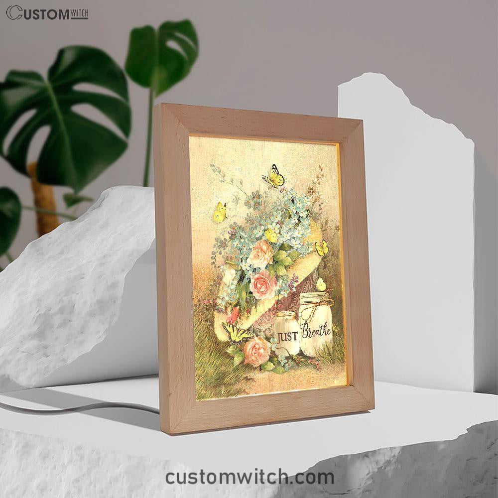 Just Breathe Pastel Flower Vase Yellow Butterfly Frame Lamp Art - Christian Art - Bible Verse Art - Religious Home Decor