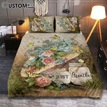 Just Breathe Pastel Flower Vase Yellow Butterfly Quilt Bedding Set Art - Christian Art - Bible Verse Bedroom - Religious Home Decor