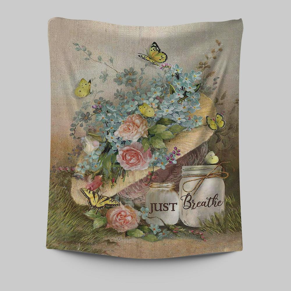 Just Breathe Pastel Flower Vase Yellow Butterfly Tapestry Art - Christian Art - Bible Verse Wall Art - Religious Home Decor