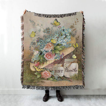 Just Breathe Pastel Flower Vase Yellow Butterfly Woven Blanket Art - Christian Art - Bible Verse Throw Blanket - Religious Home Decor