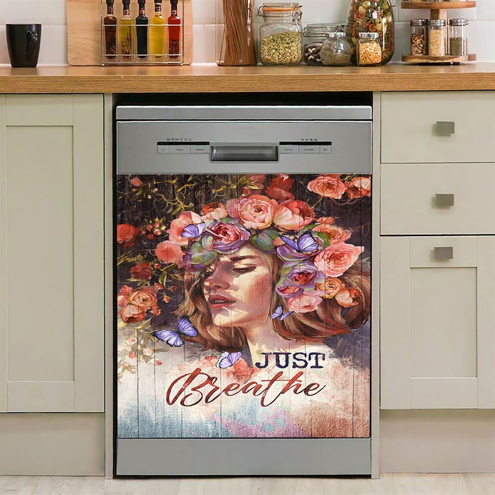 Just Breathe Poppy Blue Butterfly Dishwasher Cover, Bible Verse Dishwasher Wrap, Christian Kitchen Decoration