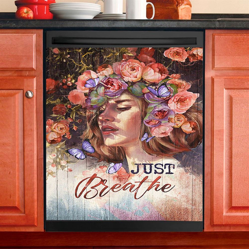 Just Breathe Poppy Blue Butterfly Dishwasher Cover, Bible Verse Dishwasher Wrap, Christian Kitchen Decoration