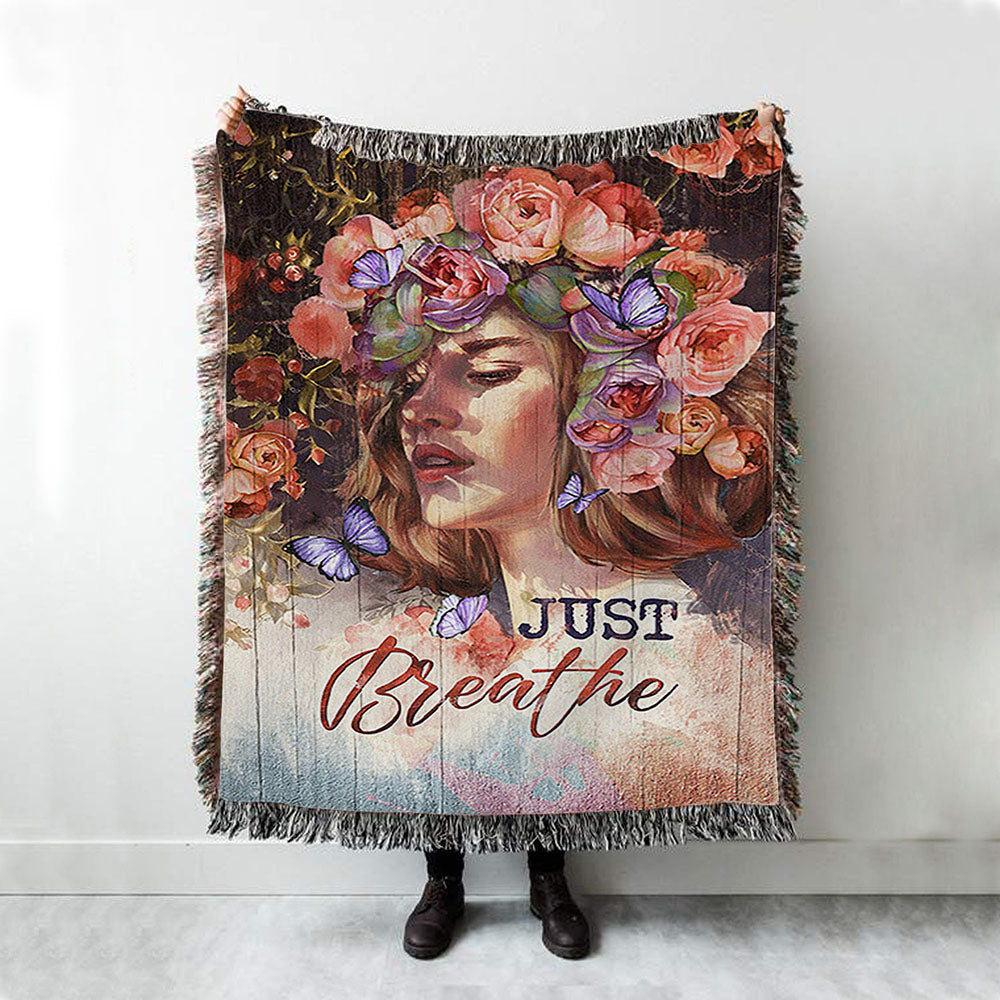 Just Breathe Purple Butterfly Girl Woven Throw Blanket - Bible Verse Woven Blanket Art - Inspirational Art - Christian Home Decor