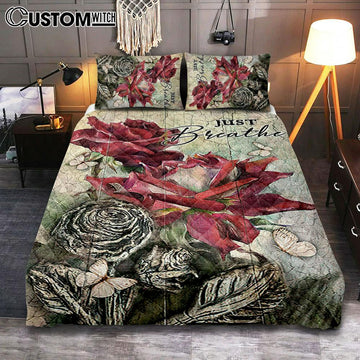 Just Breathe Red Rose Butterfly Quilt Bedding Set Bedroom - Bible Verse Quilt Bedding Set Art - Christian Home Decor