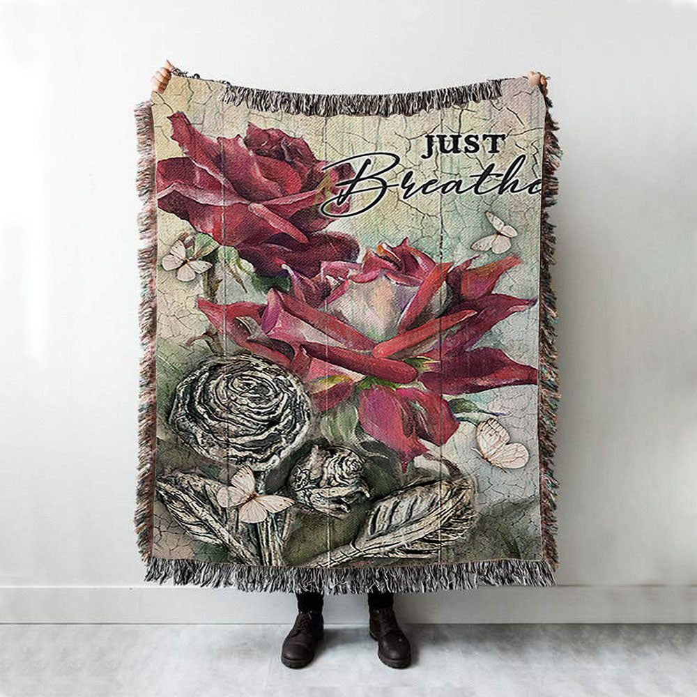 Just Breathe Red Rose Butterfly Woven Throw Blanket - Bible Verse Woven Blanket Art - Inspirational Art - Christian Home Decor
