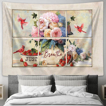 Just Breathe Rose Red Cardinal Tapestry Art - Christian Wall Art Decor - Bible Verse Tapestry