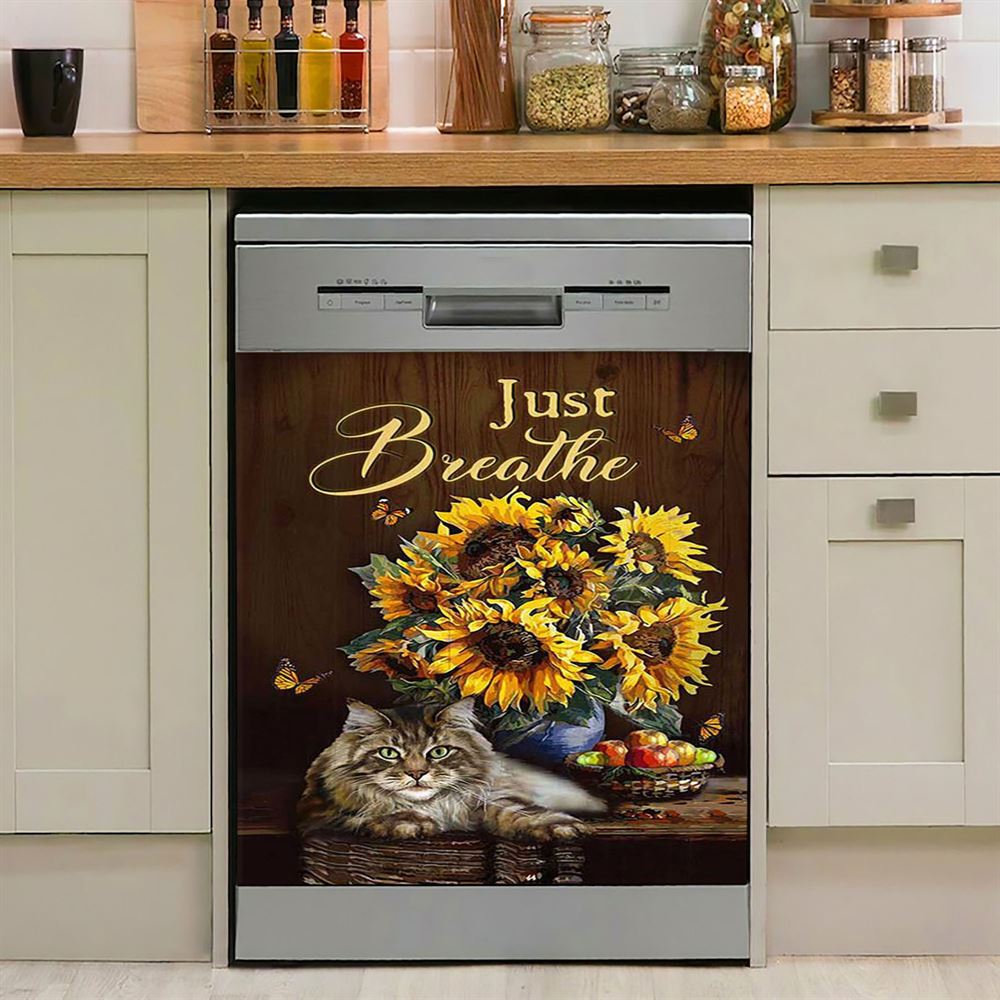 Just Breathe Rose Vase Tea Pot Dishwasher Cover, Bible Verse Dishwasher Wrap, Christian Kitchen Decoration