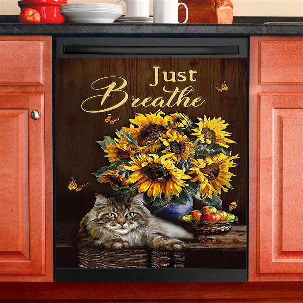 Just Breathe Rose Vase Tea Pot Dishwasher Cover, Bible Verse Dishwasher Wrap, Christian Kitchen Decoration