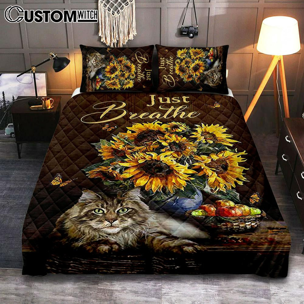 Just Breathe Sunflower Cat Bedroom Quilt Bedding Set - Bible Verse Quilt Bedding Set Art - Christian Bedroom Home Decor