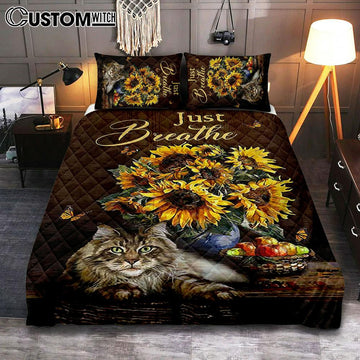 Just Breathe Sunflower Cat Bedroom Quilt Bedding Set - Bible Verse Quilt Bedding Set Art - Christian Bedroom Home Decor