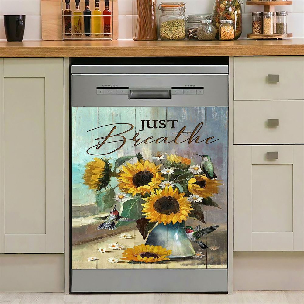 Just Breathe Sunflower Cat Dishwasher Cover, Bible Verse Dishwasher Wrap, Christian Kitchen Decoration