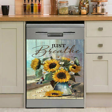 Just Breathe Sunflower Cat Dishwasher Cover, Bible Verse Dishwasher Wrap, Christian Kitchen Decoration