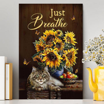 Just Breathe Sunflower Cat Wall Art Canvas - Bible Verse Canvas Art - Christian Wall Art Home Decor