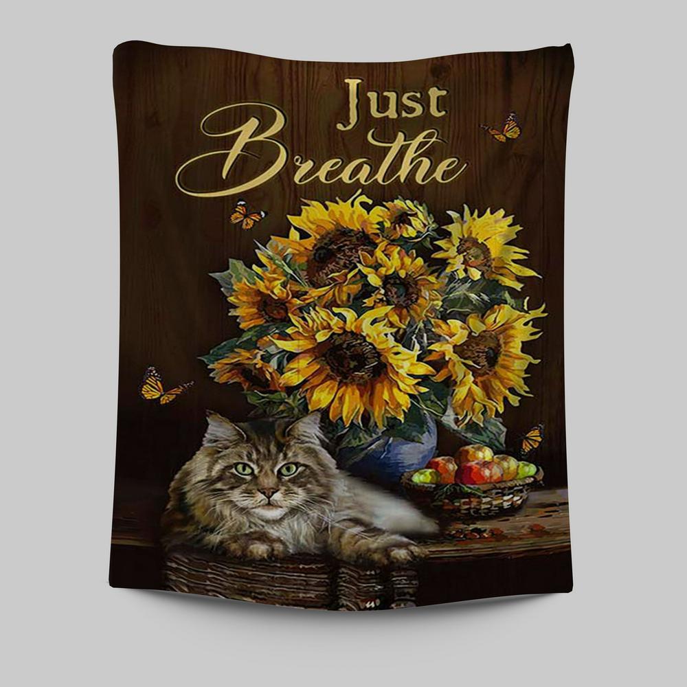 Just Breathe Sunflower Cat Wall Art Tapestry - Bible Verse Tapestry Art - Christian Wall Art Home Decor