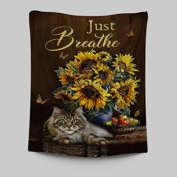 Just Breathe Sunflower Cat Wall Art Tapestry - Bible Verse Tapestry Art - Christian Wall Art Home Decor