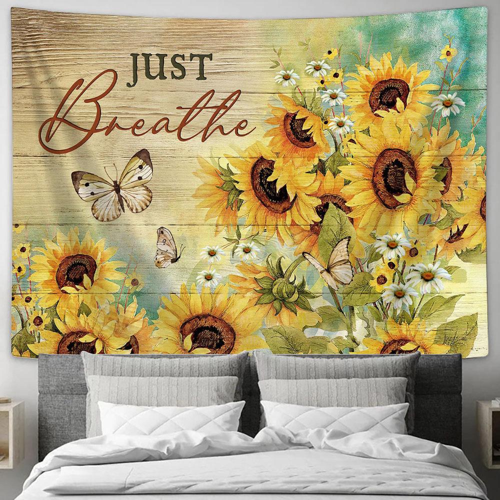 Just Breathe Sunflower Daisy Flower Butterfly Tapestry Art - Bible Verse Wall Art - Wall Decor Christian
