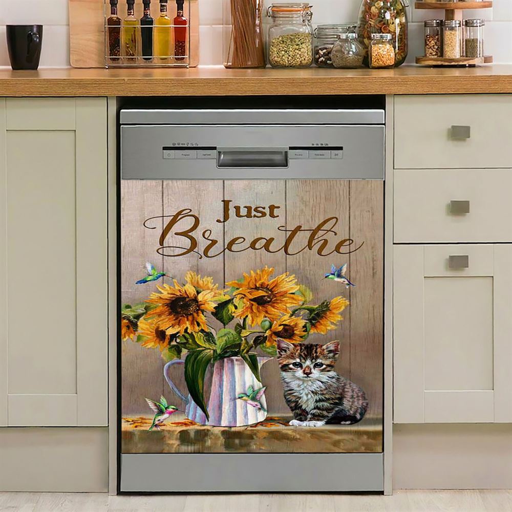 Just Breathe Sunflower Vase Hummingbird Dishwasher Cover, Christian Dishwasher Wrap, Bible Verse Kitchen Decoration