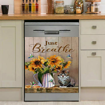 Just Breathe Sunflower Vase Hummingbird Dishwasher Cover, Christian Dishwasher Wrap, Bible Verse Kitchen Decoration