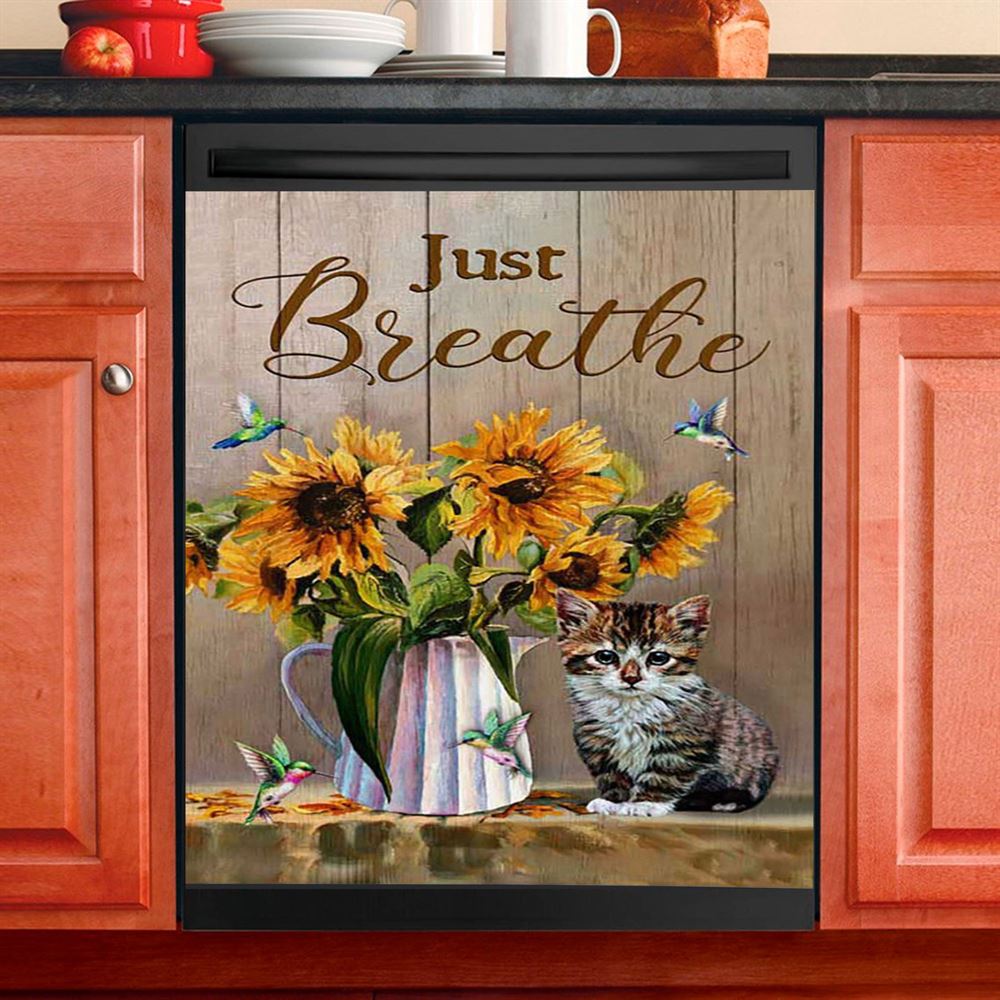 Just Breathe Sunflower Vase Hummingbird Dishwasher Cover, Christian Dishwasher Wrap, Bible Verse Kitchen Decoration