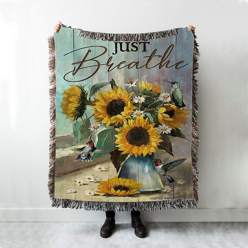 Just Breathe Sunflower Vase Hummingbird Woven Blanket Art - Christian Art - Bible Verse Throw Blanket - Religious Home Decor