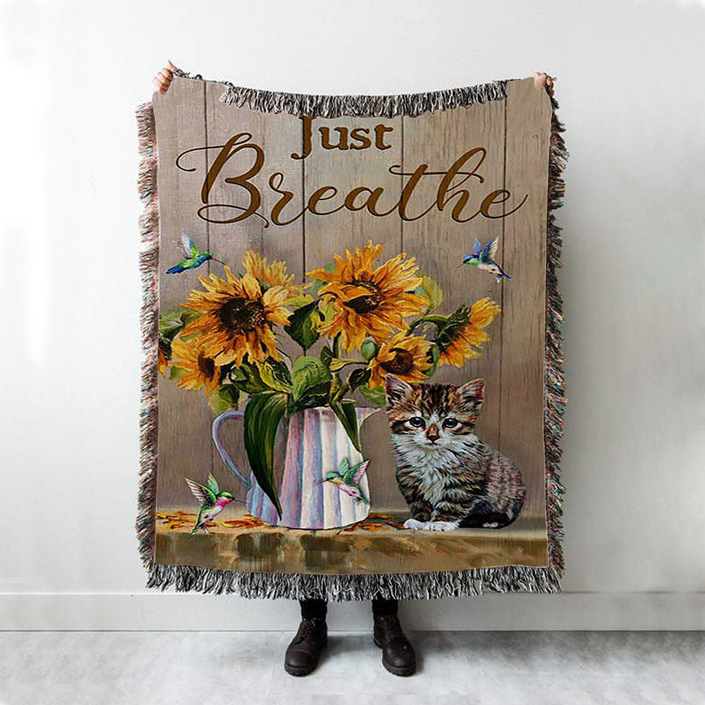 Just Breathe Sunflower Vase Little Cat Hummingbird Throw Blanket Woven Blanket - Bible Verse Woven Blanket Art - Christian Throw Blanket Home Decor