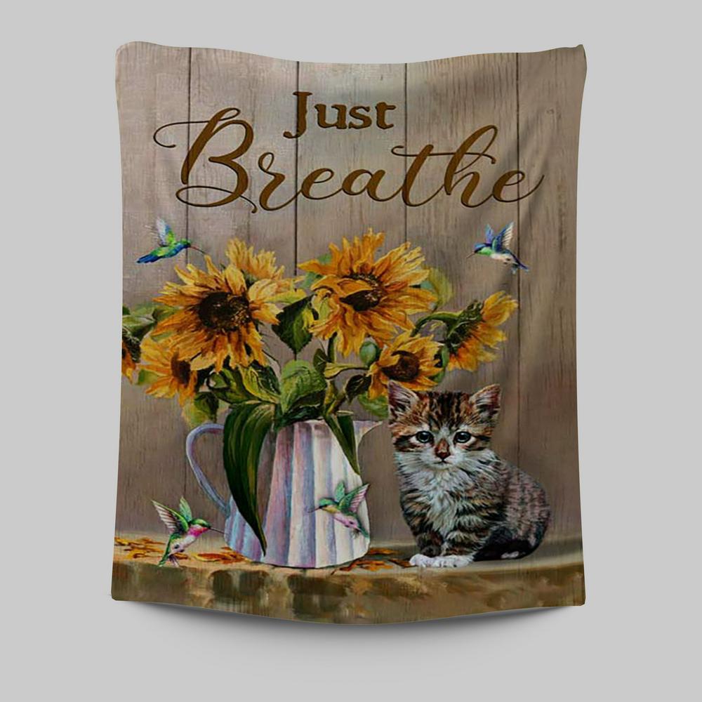 Just Breathe Sunflower Vase Little Cat Hummingbird Wall Art Tapestry - Bible Verse Tapestry Art - Christian Wall Art Home Decor