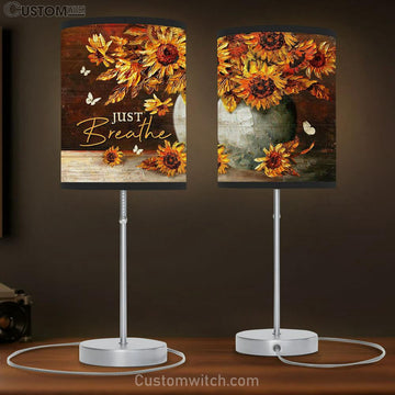 Just Breathe Sunflower White Butterfly Table Lamp Art - Christian Lamp Gift Decor - Bible Verse Table Lamp