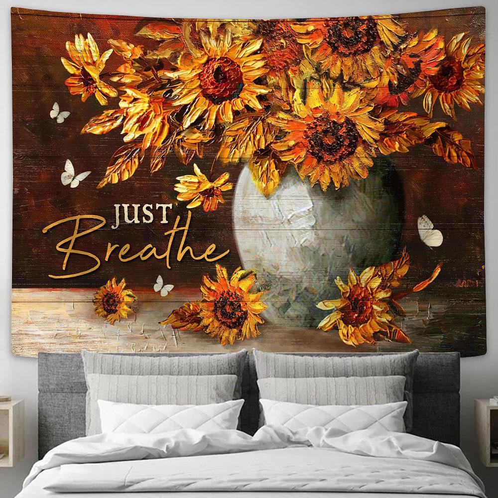 Just Breathe Sunflower White Butterfly Tapestry Art - Christian Wall Art Decor - Bible Verse Tapestry