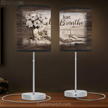 Just Breathe White Daisy Bible Cross Table Lamp Art - Bible Verse Lamp Gift - Christian Bedroom Decor