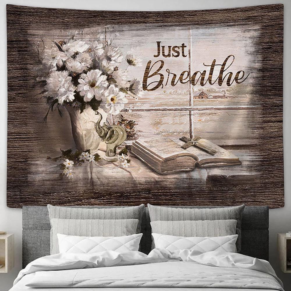 Just Breathe White Daisy Bible Cross Tapestry Art - Bible Verse Wall Art - Wall Decor Christian