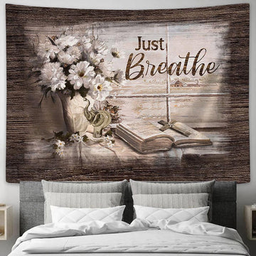 Just Breathe White Daisy Bible Cross Tapestry Art - Bible Verse Wall Art - Wall Decor Christian