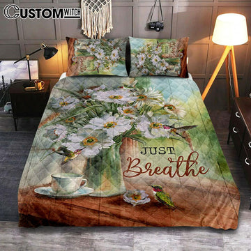 Just Breathe White Flower Hummingbird Bedroom Quilt Bedding Set - Bible Verse Quilt Bedding Set Art - Christian Bedroom Home Decor
