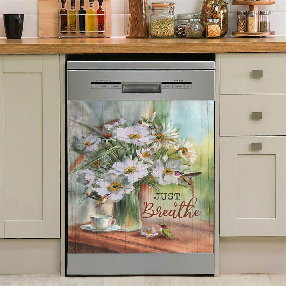 Just Breathe White Flower Hummingbird Dishwasher Cover, Bible Verse Dishwasher Wrap, Christian Kitchen Decoration