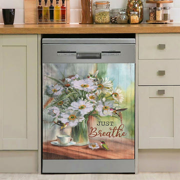 Just Breathe White Flower Hummingbird Dishwasher Cover, Bible Verse Dishwasher Wrap, Christian Kitchen Decoration