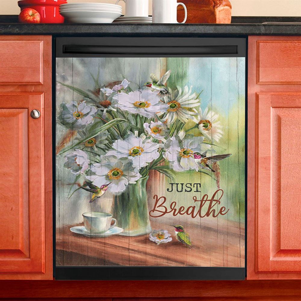 Just Breathe White Flower Hummingbird Dishwasher Cover, Bible Verse Dishwasher Wrap, Christian Kitchen Decoration