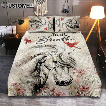 Just Breathe White Horse Red Cardinal Bedroom Quilt Bedding Set - Bible Verse Quilt Bedding Set Art - Christian Bedroom Home Decor