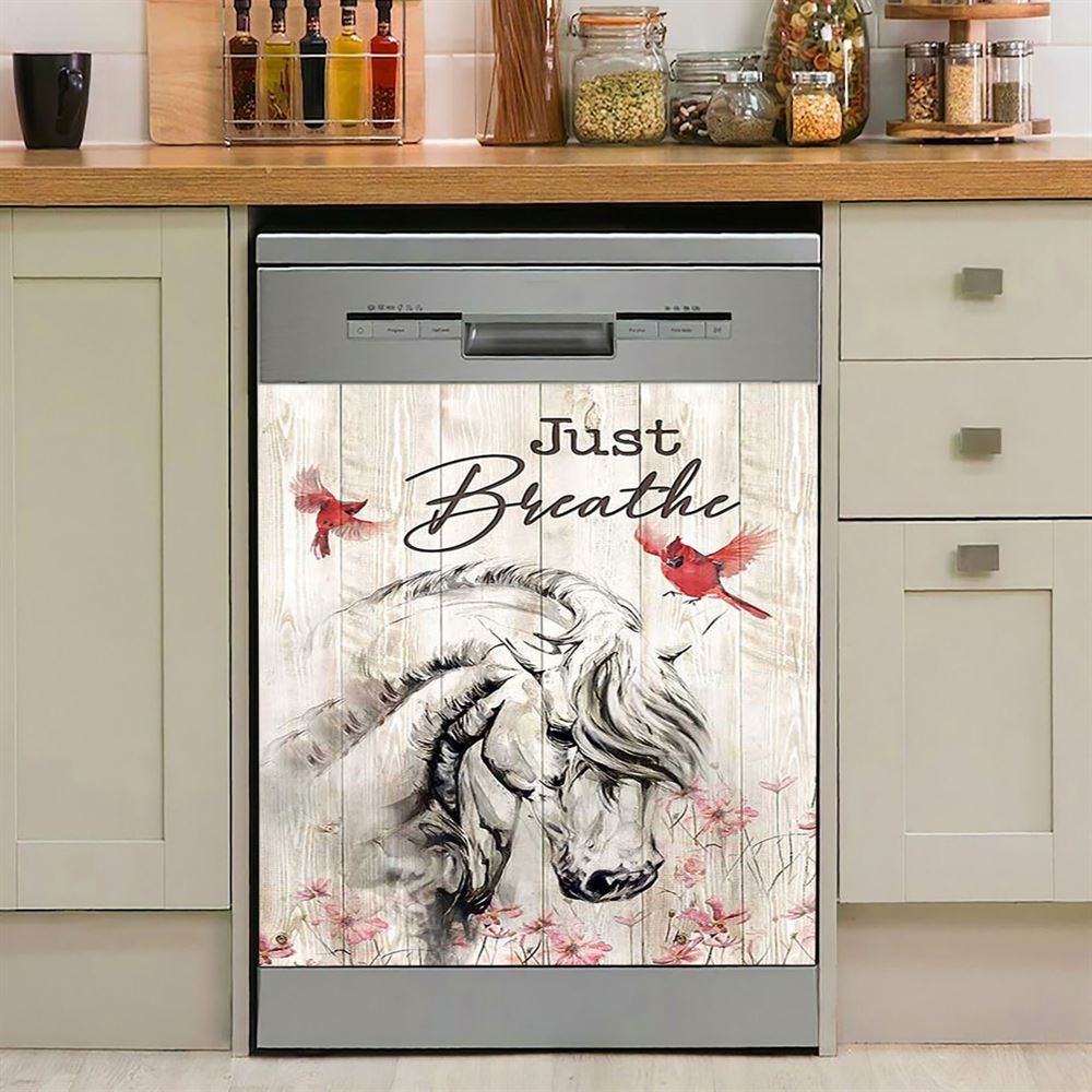 Just Breathe White Horse Red Cardinal Dishwasher Cover, Bible Verse Dishwasher Wrap, Christian Kitchen Decoration
