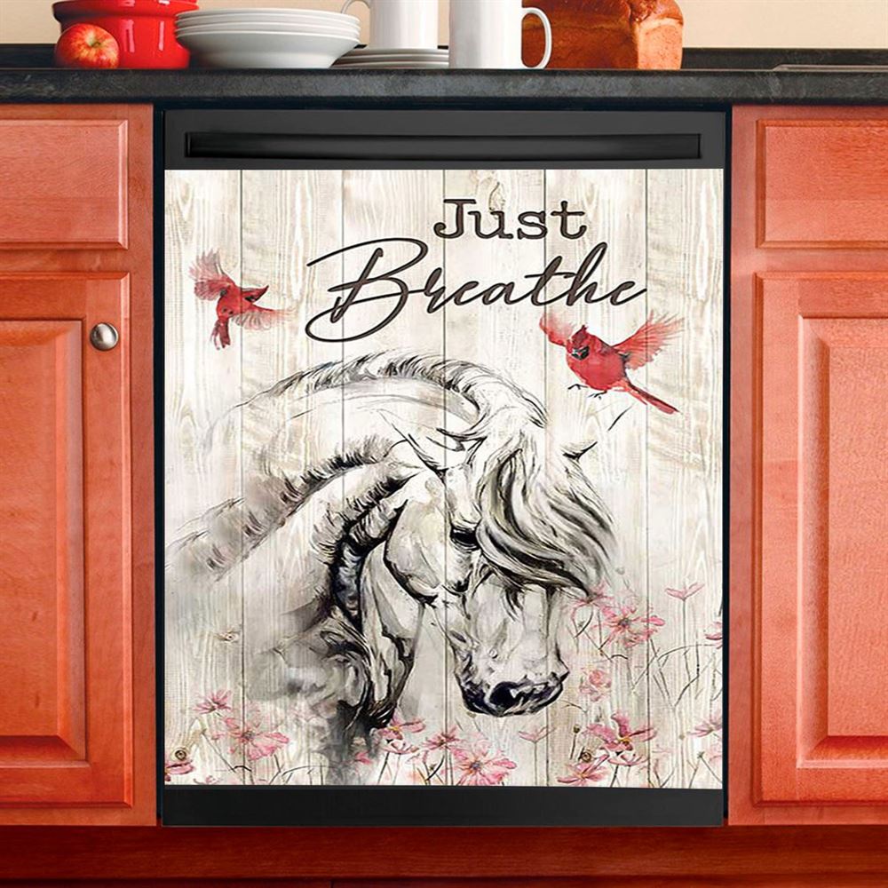 Just Breathe White Horse Red Cardinal Dishwasher Cover, Bible Verse Dishwasher Wrap, Christian Kitchen Decoration