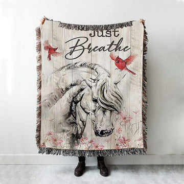 Just Breathe White Horse Red Cardinal Throw Blanket Woven Blanket - Bible Verse Woven Blanket Art - Christian Throw Blanket Home Decor