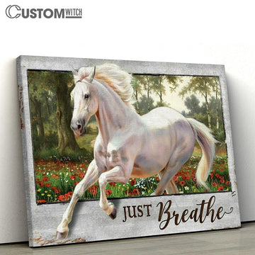 Just Breathe White Horse Running In The Wood Canvas Prints - Christian Wall Art - Religious Home Decor