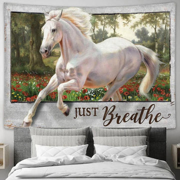 Just Breathe White Horse Running In The Wood Tapestry Prints - Christian Wall Art - Religious Home Decor